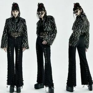 Punk Rave Gothic Black White Cropped Fur Jacket